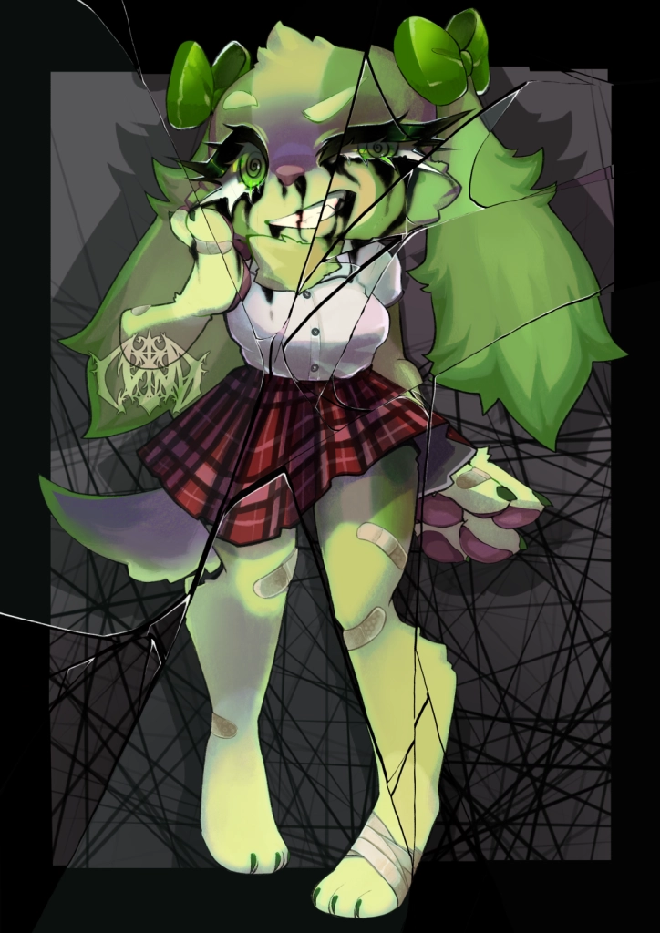 Commission for ThisSnapz. 2022. Procreate with iPad Pro 2017. Chibi, 'Snap', Broken glass on green canine furry.'