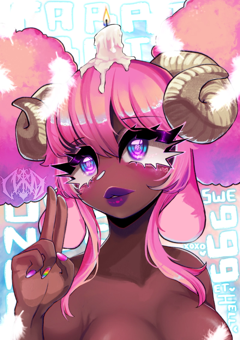 CARRIONNE. 2022. Procreate on iPad Pro 2017. Bust Illustration, 'Carrionne', candy Baphomet lich with pink hairbuns.